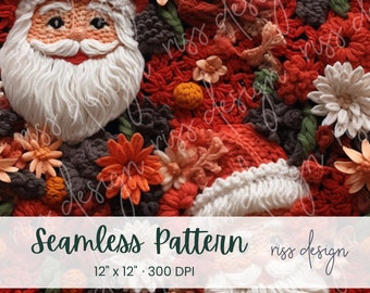 Seamless 3D Embroidered Santa Claus and Christmas Flowers Design / 12" x 12" Seamless Design / Christmas Santa Design / 300DPI