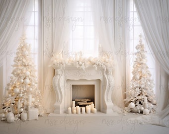May include: A white fireplace with a white mantel and a white Christmas tree on each side. The fireplace has a white brick interior and a fire burning inside. The Christmas trees are decorated with white ornaments and lights.