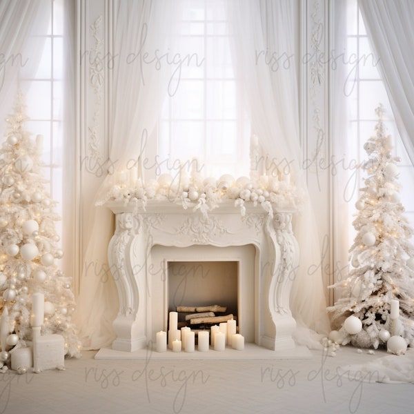 Light Christmas Fireplace Digital Backdrop / Christmas Photo / Christmas Backdrop / Digital Backdrop / Light Themed Christmas Backdrop