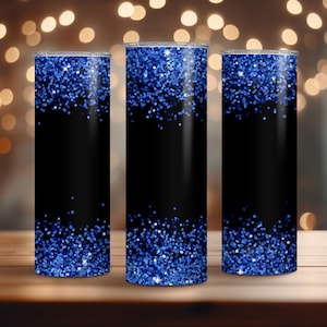 May include: Three black and blue glitter tumblers. The tumblers have a black base with a blue glitter design at the bottom.