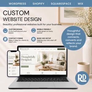 Op de afbeelding: Een laptop en smartphone tonen een aangepast websiteontwerp voor Bell & Co. Interior Design. De afbeelding bevat tekst over WordPress, Shopify, Squarespace en Wix, samen met functies zoals aangepast ontwerp, mobielvriendelijkheid en SEO-instellingen.