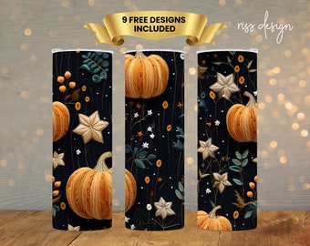 3D Embroidered Pumpkins and Stars Tumbler Wrap / 20 oz Skinny Tumbler Wrap Sublimation - Straight and Tapered Design / Orange and Black Fall