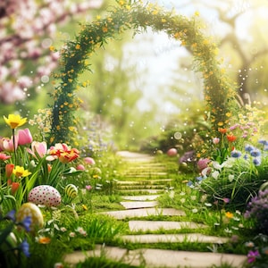 Ostern Frühling Themen digitaler Hintergrund / Osterei Foto / Oster Bogen Weg Hintergrund / digitaler Hintergrund / Thema Frühling Foto Backdrop