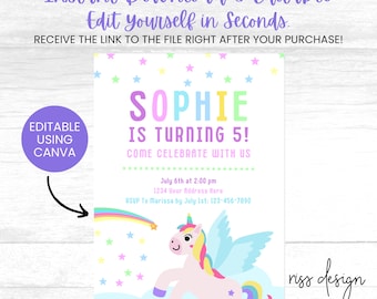 Unicorn Themed Birthday Invitation / Adorable Rainbow and Unicorn - PRINTABLE Birthday Invitation / Fully Customizable in Canva! You Edit!
