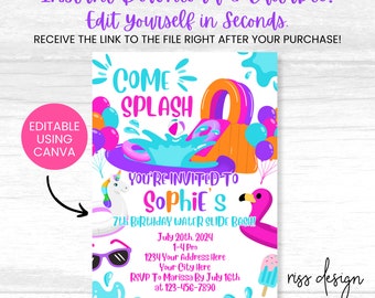 Water Slide Birthday Party Themed Invitation / PRINTABLE Birthday Invitation / Fully Customizable in Canva! You Edit! Water Slide Invitation