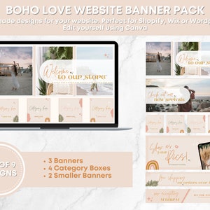 May include: A set of nine website banners in a boho style with a pink and peach color scheme. The banners feature text such as "Welcome to our store", "Check out our new arrivals", and "Show us your picks!" The banners also feature images of a woman on a beach, a basket, and a phone with a bouquet of dried flowers.