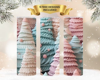 3D Embroidered Christmas Trees Tumbler Wrap / 20 oz Skinny Tumbler Wrap Sublimation - Straight and Tapered Design / Pastel Christmas Trees