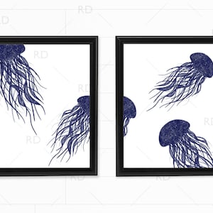 Jellyfish with Navy and Silver Glitter - PRINTABLE Wall Art / Hand Drawn Jellyfish Printable / Wall Art / Ocean Art / Nautical / 2 for 1