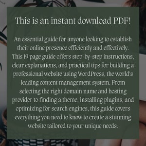 Puede incluir: Una gu&iacute;a para establecer una presencia en l&iacute;nea utilizando WordPress. Esta gu&iacute;a de 19 p&aacute;ginas cubre temas como la selecci&oacute;n de un nombre de dominio, la instalaci&oacute;n de complementos y la optimizaci&oacute;n para los motores de b&uacute;squeda.