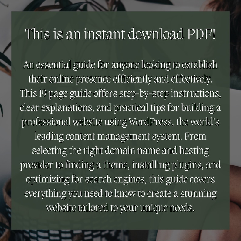 Puede incluir: Una gu&iacute;a para establecer una presencia en l&iacute;nea utilizando WordPress. Esta gu&iacute;a de 19 p&aacute;ginas cubre temas como la selecci&oacute;n de un nombre de dominio, la instalaci&oacute;n de complementos y la optimizaci&oacute;n para los motores de b&uacute;squeda.
