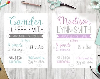 Birth Announcement PRINTABLE Wall Art / Date of Birth Printable / Baby Name Print / About Baby Print / You pick colors! Boy & girl colors