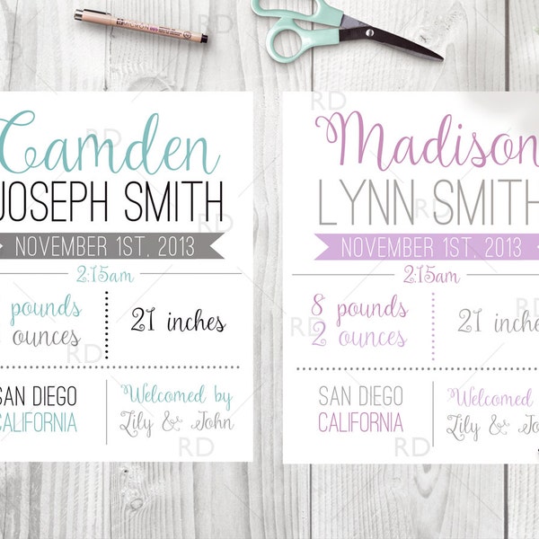 Birth Announcement PRINTABLE Wall Art / Date of Birth Printable / Baby Name Print / About Baby Print / You pick colors! Boy & girl colors