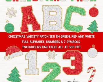 Christmas Varsity Faux Chenille Alphabet, Numbers and Symbols | Patch Style Symbols | Retro Sports Font PNG, High School Team Letters