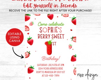 Berry Sweet First Birthday Birthday Invitation / PRINTABLE Birthday Invitation / Fully Customizable in Canva! You Edit! Strawberry Birthday
