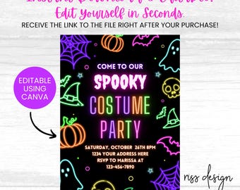Neon Halloween Costume Party Themed Invitation / PRINTABLE Halloween Party Invitation / Fully Customizable in Canva! You Edit!