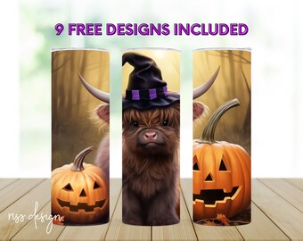 Baby Highland Cow with Cute Pumpkins / 20 oz Skinny Tumbler Wrap Sublimation Design - Straight and Tapered Designs / Halloween Designs