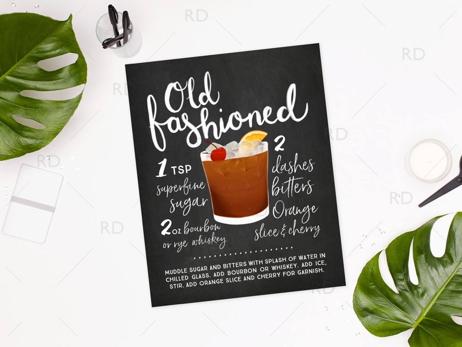 Old Fashioned Chalkboard Cocktail With Recipe PRINTABLE Wall | Etsy