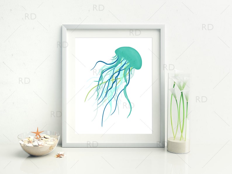 Jellyfish with Greens and Blues PRINTABLE Wall Art / Hand Drawn Jellyfish Printable / Wall Art / Ocean Art / Nautical / Underwater Life image 1