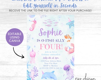 O-Fish-Ally Nautical Themed Birthday Invitation / PRINTABLE Birthday Invitation / Fully Customizable in Canva! You Edit! Fish Theme Birthday