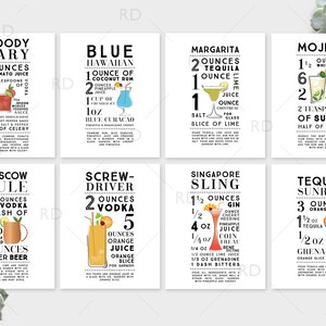 May include: A printable set of 10 cocktail recipe cards with colorful illustrations of each drink. The recipes include ingredients and measurements for each cocktail, such as Bloody Mary, Blue Hawaiian, Margarita, Mojito, Moscow Mule, Screw Driver, Singapore Sling, and Tequila Sunrise.