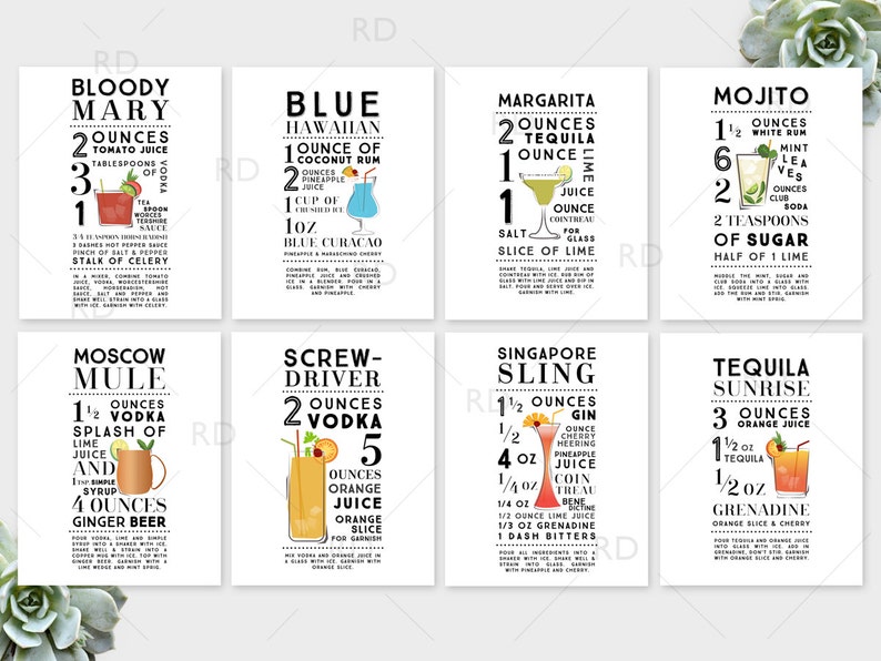 May include: A printable set of 10 cocktail recipe cards with colorful illustrations of each drink. The recipes include ingredients and measurements for each cocktail, such as Bloody Mary, Blue Hawaiian, Margarita, Mojito, Moscow Mule, Screw Driver, Singapore Sling, and Tequila Sunrise.