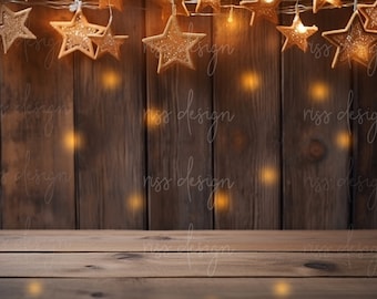Dark Wood Stars Digital Backdrop / Twinkling Lights Backdrop / Table Backdrop / Premade Christmas Backdrop / Digital Backdrop