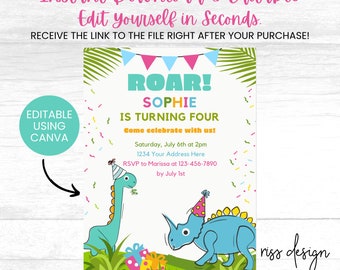 Dinosaur Themed Birthday Invitation / Adorable Dinosaur Colorful - PRINTABLE Birthday Invitation / Fully Customizable in Canva! You Edit!