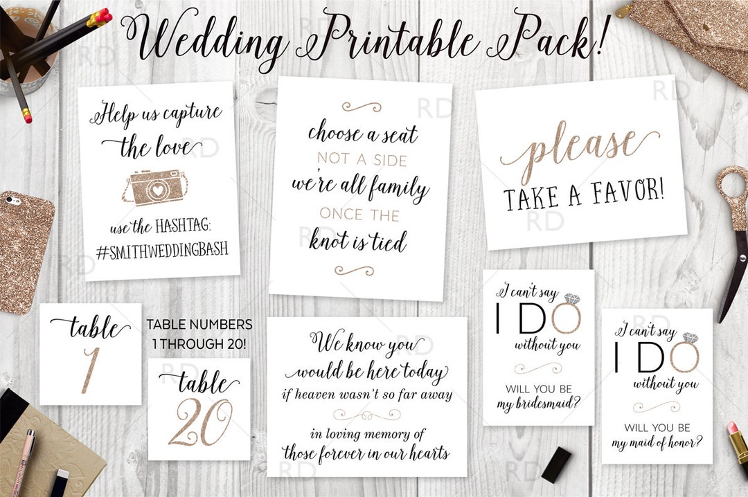 Wedding Pack of Printables BUNDLE - PRINTABLE Wedding Day Art / Hashtag ...