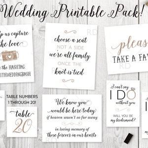 Wedding Pack of Printables BUNDLE - PRINTABLE Wedding Day Art / Hashtag Printable / Table Numbers / In Loving Memory of Print / Take a Favor