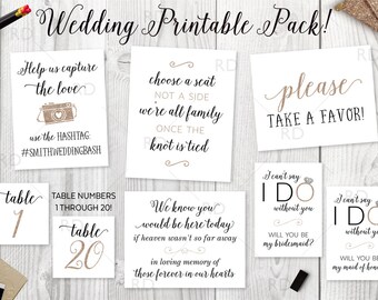 Wedding Pack of Printables BUNDLE - PRINTABLE Wedding Day Art / Hashtag Printable / Table Numbers / In Loving Memory of Print / Take a Favor