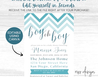 Boy oh Boy Baby Shower Invitation / PRINTABLE Birthday Invitation / Fully Customizable in Canva! You Edit! Chevron Baby Boy Baby Shower
