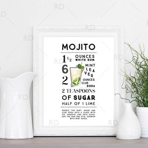 Mojito Cocktail Recipe - PRINTABLE Wall Art / Cocktail Recipe Wall Art / Mixed Drink with Recipes Printable Wall Art / Cocktail Wall Art