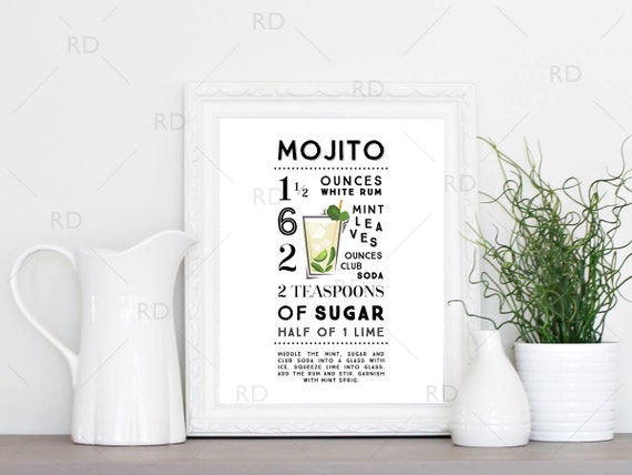 Mojito Cocktail Recipe - PRINTABLE Wall Art / Cocktail Recipe Wall Art / Mixed Drink with Recipes Printable Wall Art / Cocktail Wall Art