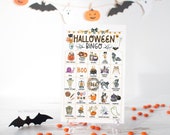 Kids Halloween Bingo - 50 PRINTABLE unique cards w/ child-friendly color pictures and caption/title below each item. Calling cards included.