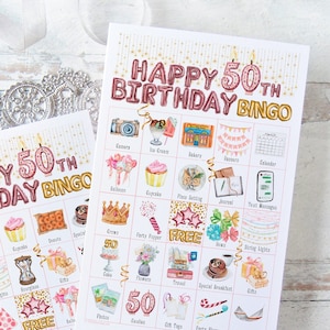 50. Geburtstag Bingo - 50 einzigartige Karten zum Ausdrucken. Sofortiger digitaler Download PDF. Rosa, Rosatöne mit Aquarellkunst. Geburtstag der Frau.
