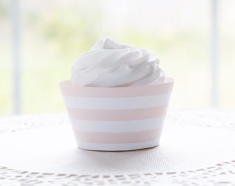 Peach Striped Printable Cupcake Wrapper - instant digital download, party decoration, baby shower idea, bridal shower, wedding, birthday