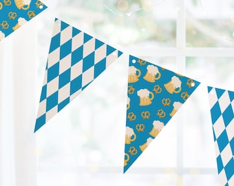 May include: Printable bunting with a blue and white checkered pattern and a blue pattern with beer mugs and pretzels. The bunting is strung up against a window.