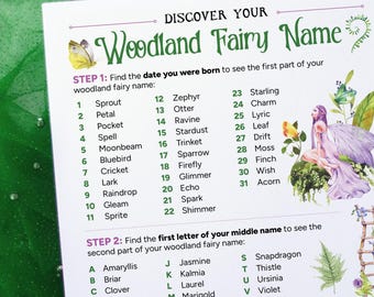 Fairy Name Generator - Easy printable activity for kids & adults. Hand out to guests or post on bulletin board/wall. Fun girls party idea.