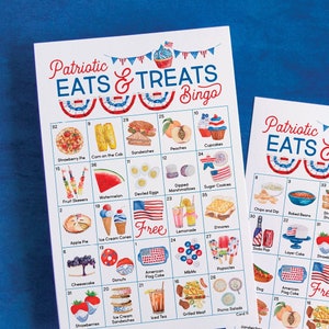Bingo Patriotic Eats & Treats - 50 cartões exclusivos IMPRIMÍVEIS. Download digital instantâneo em PDF. Atividade para o Memorial Day, 4 de julho, Dia da Bandeira.