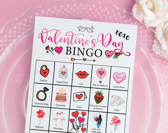 Valentine's Day Bingo Cards: Printable bingo cards, 50 cards, senior citizen activities, kids game idea, labeled color pictures, family idea