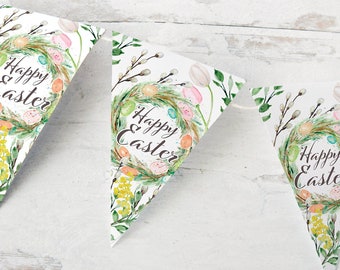 May include: A white banner with a triangle design featuring a watercolor illustration of a wreath with eggs and flowers. The banner says "Happy Easter" on each triangle.