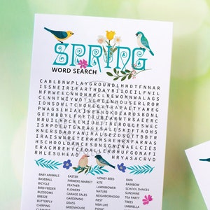 Sopa de letras de primavera - Actividad imprimible y descargable. Una divertida sopa de letras para invitados a una fiesta de té, adultos y niños mayores. Hermosas ilustraciones, letra grande.