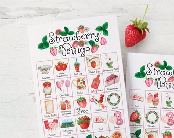 May include: Two printable strawberry bingo cards with a red and white color scheme. Each card has a 5x5 grid with images of strawberries, desserts, and other strawberry-themed items. The free space on each card features a strawberry with green leaves.
