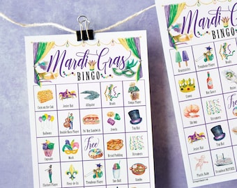 Mardi Gras Bingo Cards: 50 Printable bingo cards, senior citizen activities, kids game, labeled color pictures, Carnival, New Orleans
