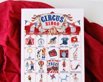 Circus Bingo - 50 PRINTABLE unique cards. Instant digital download PDF. Fun, cute activity for vintage stripes cirque-themed birthday party.