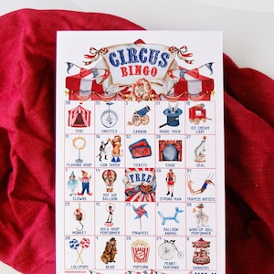 Circus Bingo - 50 carte uniche STAMPABILI. PDF digitale scaricabile immediatamente. Attività divertente e carina per una festa di compleanno a tema circo con strisce vintage.
