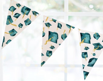 Teal Graduation Bunting - PRINTABLE graduation cap design, party decorations, aqua mortarboard and gold yellow tassel, grad banner garland