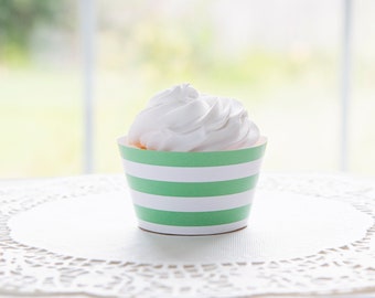 Middelgrote groen gestreepte afdrukbare cupcake-wikkel - cupcakevoeringen, bruiloftscupcakes, vrijgezellenfeest, printables feest, gestreept decor, download