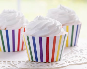 Bold Rainbow Stripe Cupcake Wrapper - PRINTABLE pdf, birthday party printables, cupcake wrap, rainbow party ideas, vertical stripes, vibrant