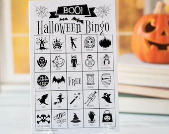 Halloween-Bingo-Karten – 50 einzigartige, druckbare Karten in Schwarz-Weiß mit Halloween-Motiven, tintensparend, ideal für Kinderaktivitäten und Halloween-Spiele.